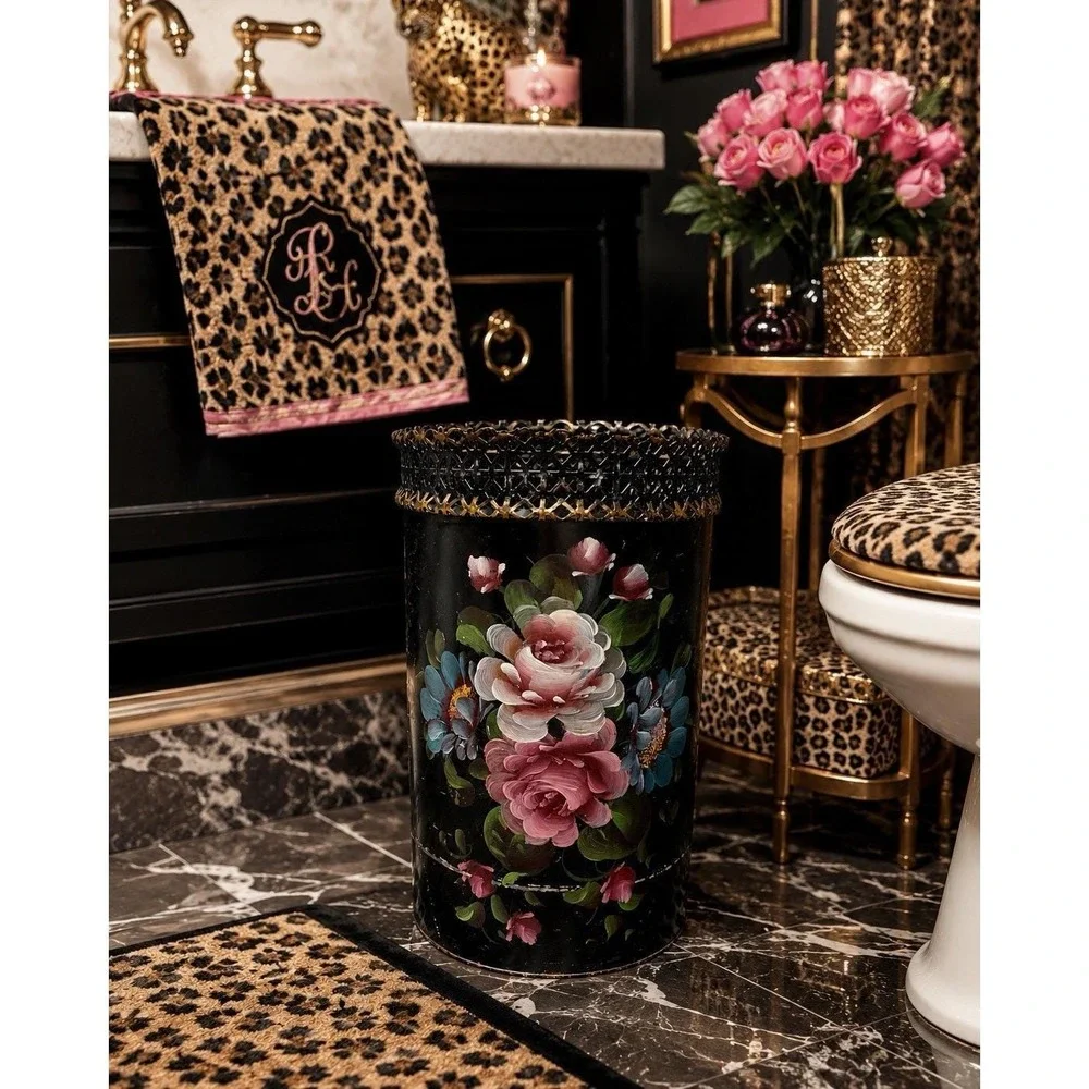 VTG Hand Painted Floral Metal Wastebasket Black Pierced Lattice Toleware Worn!